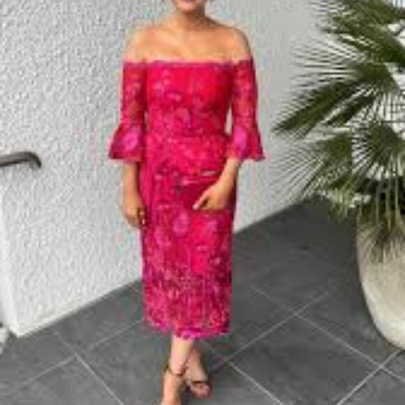 Rare - NWT Marchesa Notte off the Shoulder Lace Midi Length Dress - Size 6 - Picture 4 of 5